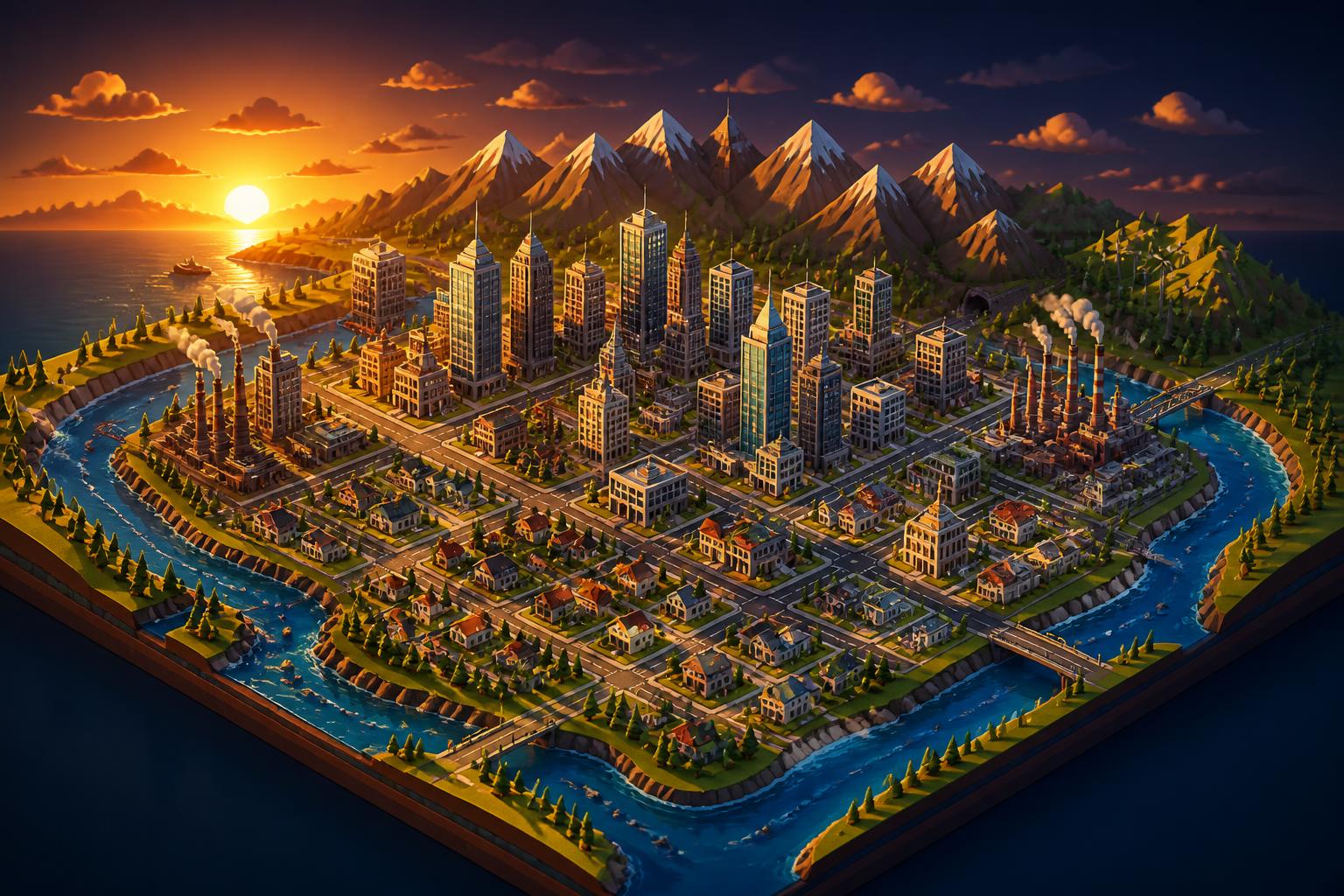 Trenchia isometric city at golden hour